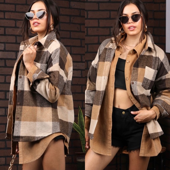 🆕Brown and taupe plaid button down shacket - Picture 2 of 5